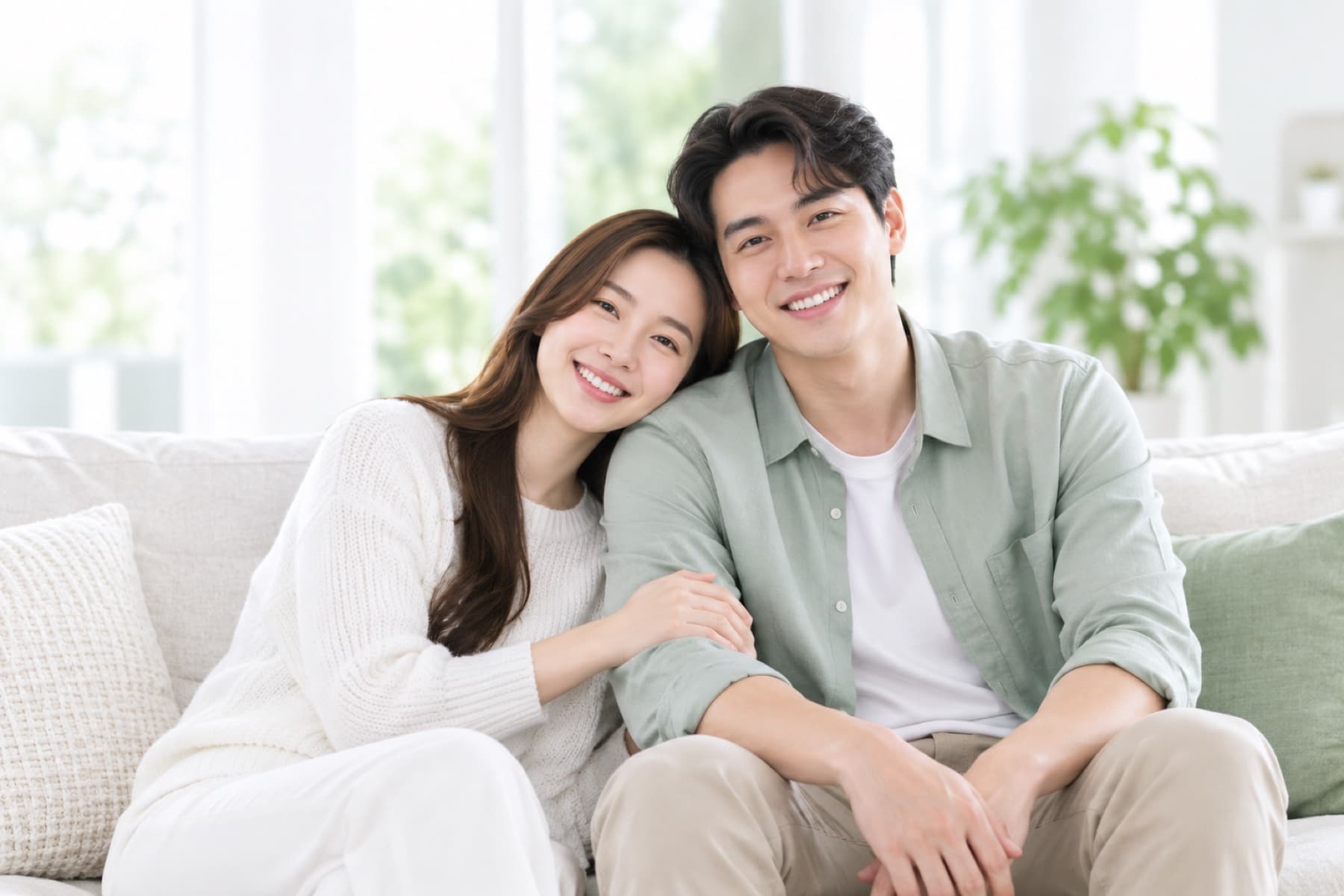 คู่รักยิ้มและนั่งใกล้กันในห้องนั่งเล่น